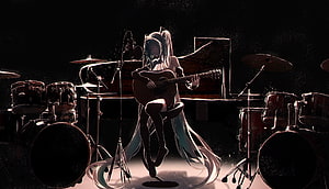 Hatsune Miku Playing Acoustic Guitar on a Dark Concert Stage HD wallpaper
