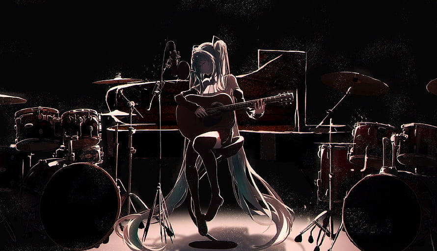 Hatsune Miku Playing Acoustic Guitar on a Dark Concert Stage HD wallpaper