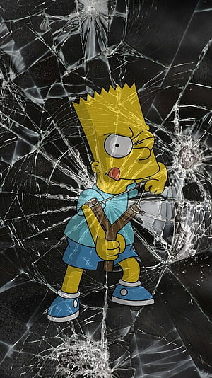 Bart Simpson Aiming Slingshot on Cracked Glass Background HD phone wallpaper