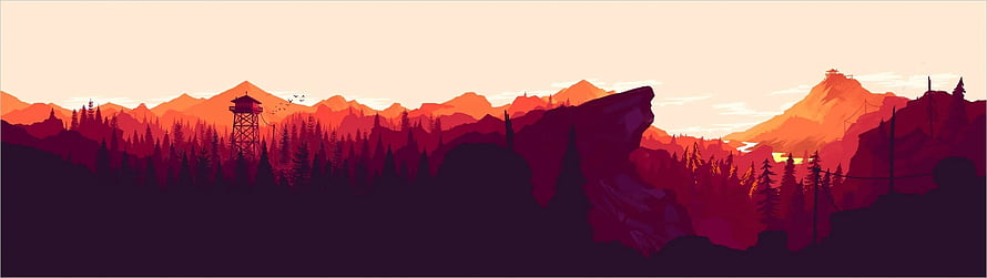 Firewatch Stylized Mountain Landscape with Watchtower at Sunset HD wallpaper