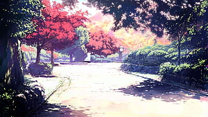 Sunlit Park Path With Vibrant Red Trees And Vintage Clock Tower In Anime Style HD wallpaper