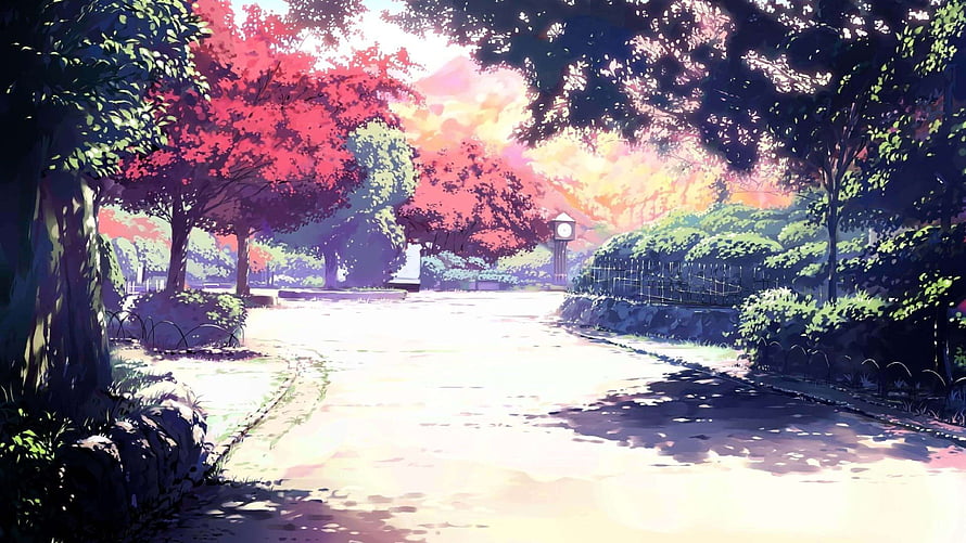 Sunlit Park Path With Vibrant Red Trees And Vintage Clock Tower In Anime Style HD wallpaper