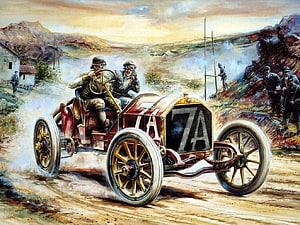 Vintage Racing Car on a Dusty Mountain Road with Spectators HD wallpaper