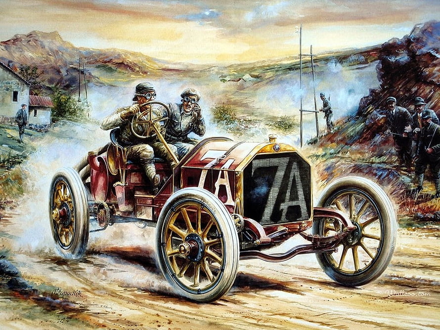 Vintage Racing Car on a Dusty Mountain Road with Spectators HD wallpaper