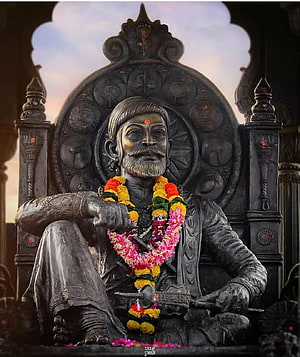 Chhatrapati Shivaji Maharaj Statue Adorned With Marigold Garland Seated On Ornate Throne HD phone wallpaper