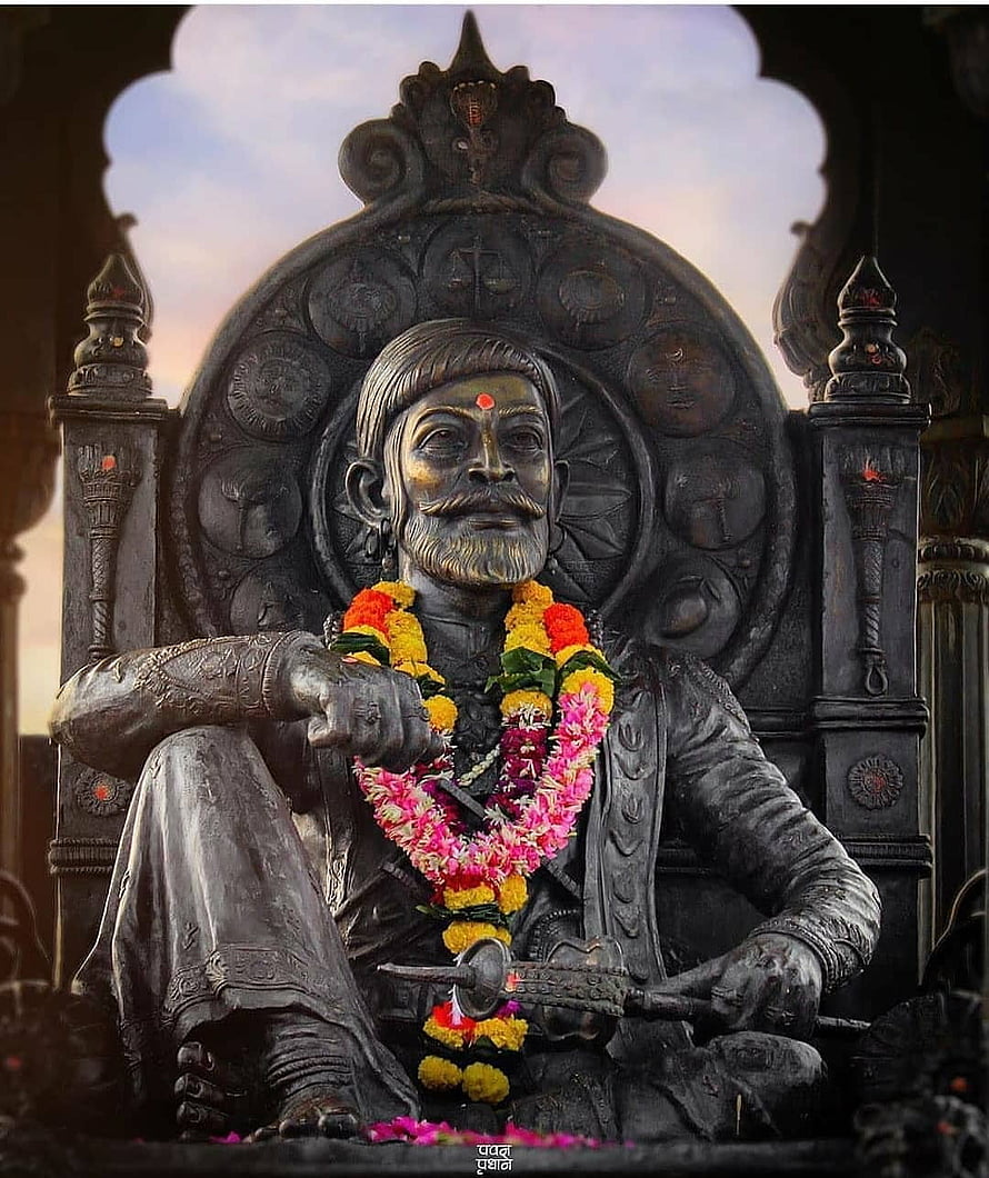 Chhatrapati Shivaji Maharaj Statue Adorned With Marigold Garland Seated On Ornate Throne HD phone wallpaper