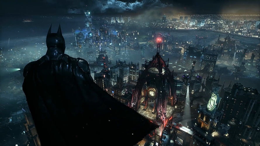 Batman Arkham Knight overlooking the dark city skyline at night HD wallpaper