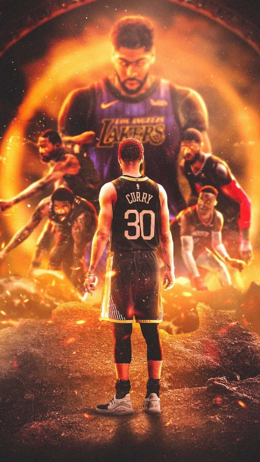Stephen Curry Standing Before a Fiery NBA Rivalry Montage HD phone wallpaper