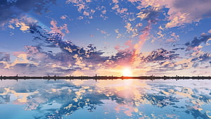 Studio Ghibli Style Sunset Over Calm Water With Reflective Sky And Distant City Silhouette HD wallpaper