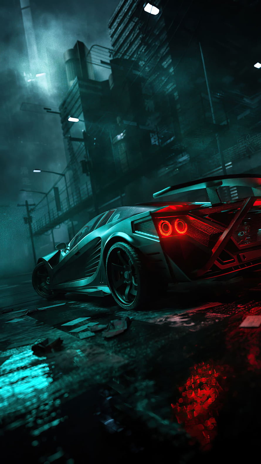 Cyberpunk Supercar in Rainy Night City with Neon Red Taillights HD phone wallpaper