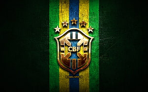 Brazil National Football Team CBF Emblem on Grunge Green and Gold Background HD wallpaper