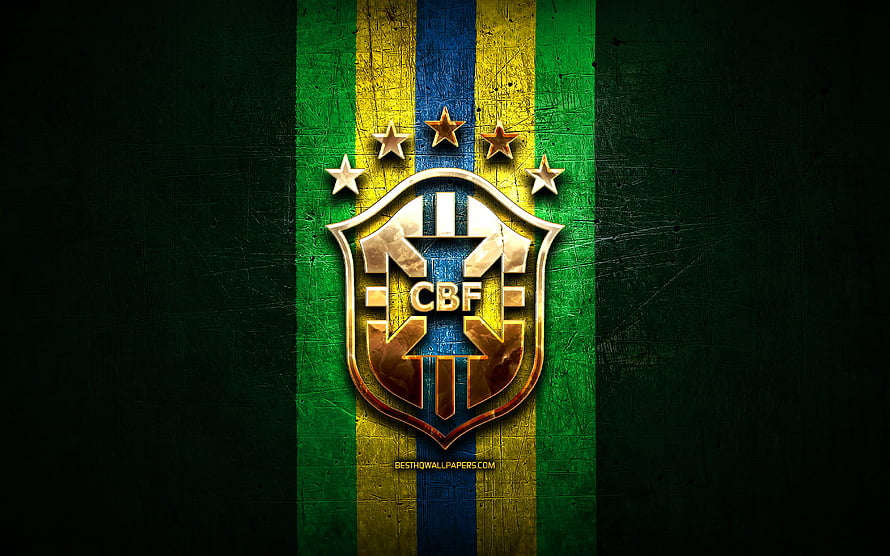 Brazil National Football Team CBF Emblem on Grunge Green and Gold Background HD wallpaper