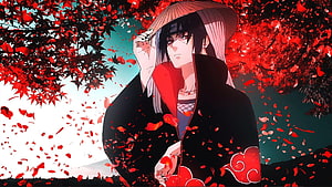 Sasuke Uchiha in Akatsuki Cloak Under Vibrant Red Maple Leaves HD wallpaper