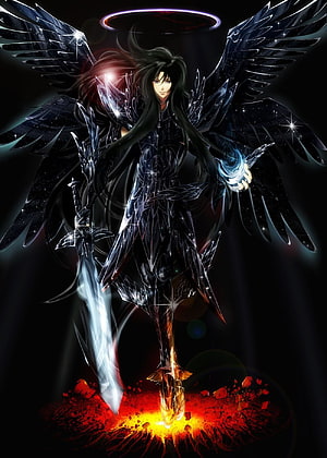 Hades from Saint Seiya with dark wings and glowing sword in dramatic anime artwork HD phone wallpaper