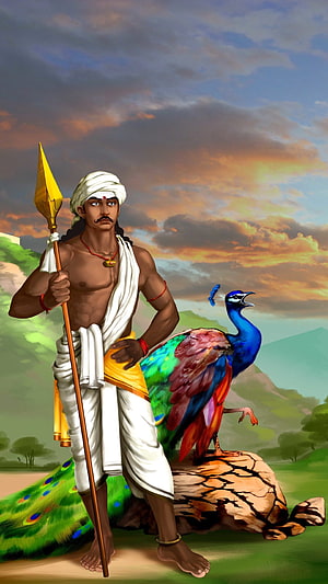 Lord Murugan with Vel and Peacock in a Digital Illustration HD phone wallpaper