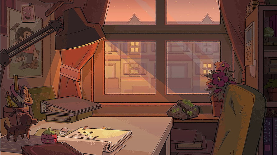 Cozy Anime Study Room at Dusk with Desk Lamp and Window View HD wallpaper