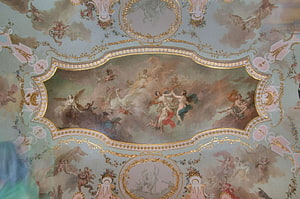 Baroque Ceiling Fresco Featuring Mythological Figures and Ornate Gold Gilding HD wallpaper