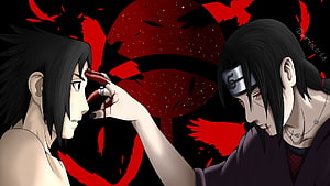 Itachi and Sasuke Uchiha Sharingan Confrontation in Dark Red Anime Art HD wallpaper