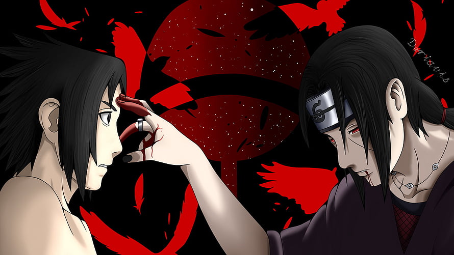 Itachi and Sasuke Uchiha Sharingan Confrontation in Dark Red Anime Art HD wallpaper