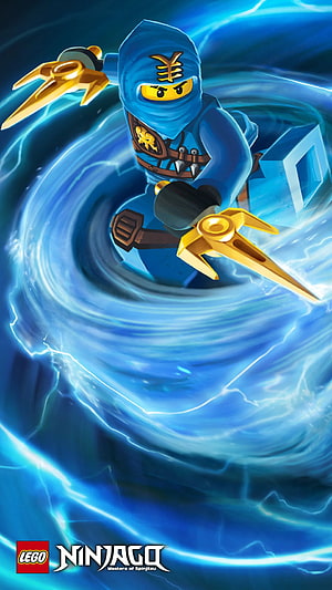 LEGO Ninjago Blue Ninja Character with Golden Weapons in Electric Blue Energy Vortex HD phone wallpaper