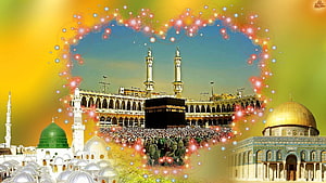 Makka and Madina Sacred Islamic Landmarks with Kaaba and Prophet's Mosque HD wallpaper
