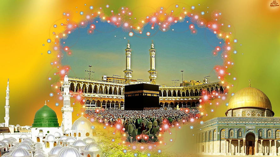 Makka and Madina Sacred Islamic Landmarks with Kaaba and Prophet's Mosque HD wallpaper