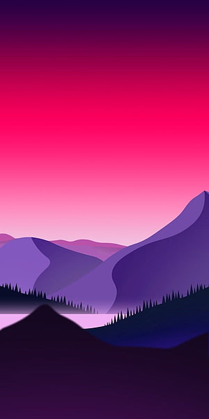 Vibrant Purple Mountain Landscape with Gradient Sunset Sky and Pine Silhouettes HD phone wallpaper