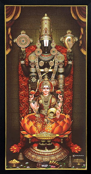 Balaji and Laxmidevi Divine Temple Artwork with Lotus Throne and Gold Ornaments HD phone wallpaper