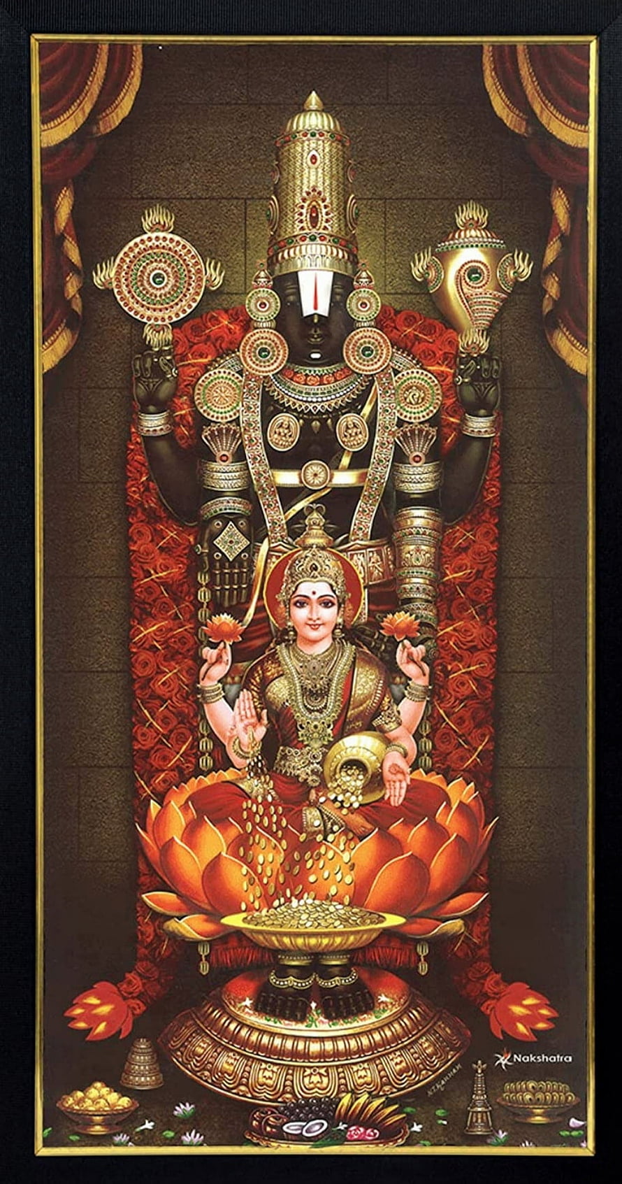 Balaji and Laxmidevi Divine Temple Artwork with Lotus Throne and Gold Ornaments HD phone wallpaper