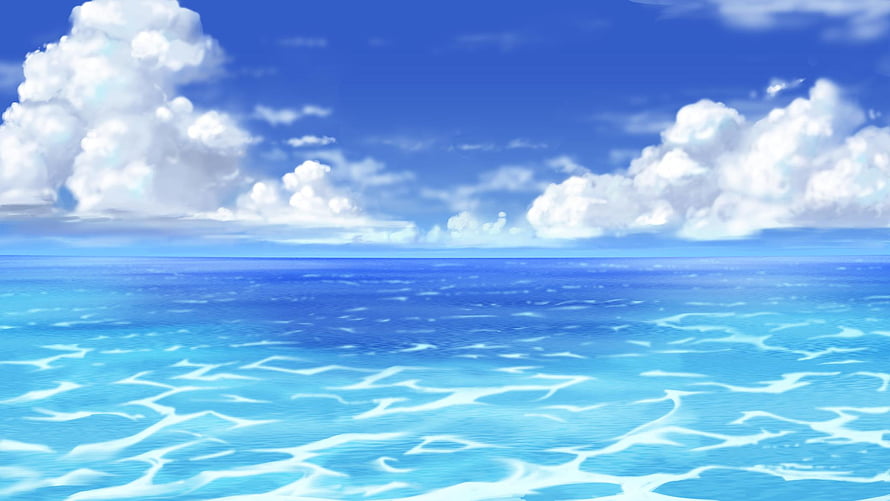 Serene Anime Ocean Horizon With Fluffy Clouds And Turquoise Water HD wallpaper