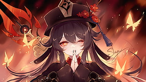 Hu Tao from Genshin Impact in a fiery anime illustration with glowing butterflies and a wide-brimmed hat HD wallpaper