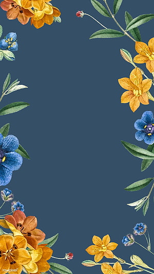Vintage Watercolor Floral Frame with Orange and Blue Wildflowers on Slate Blue Background HD phone wallpaper