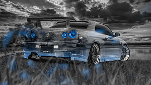 Nissan Skyline GT-R R34 Rear View with Blue Taillights and Nismo Badging in Grassy Field HD wallpaper