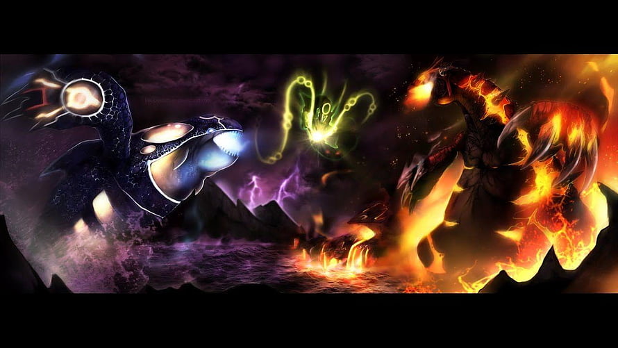 Kyogre and Groudon Clash with Rayquaza in Epic Pokemon Battle HD wallpaper