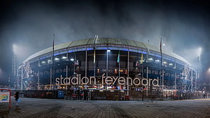 Stadion Feijenoord Night Exterior With Dramatic Fog And Stadium Lighting HD wallpaper