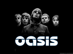 Oasis Band Members Black and White Portrait with Glowing Logo HD wallpaper