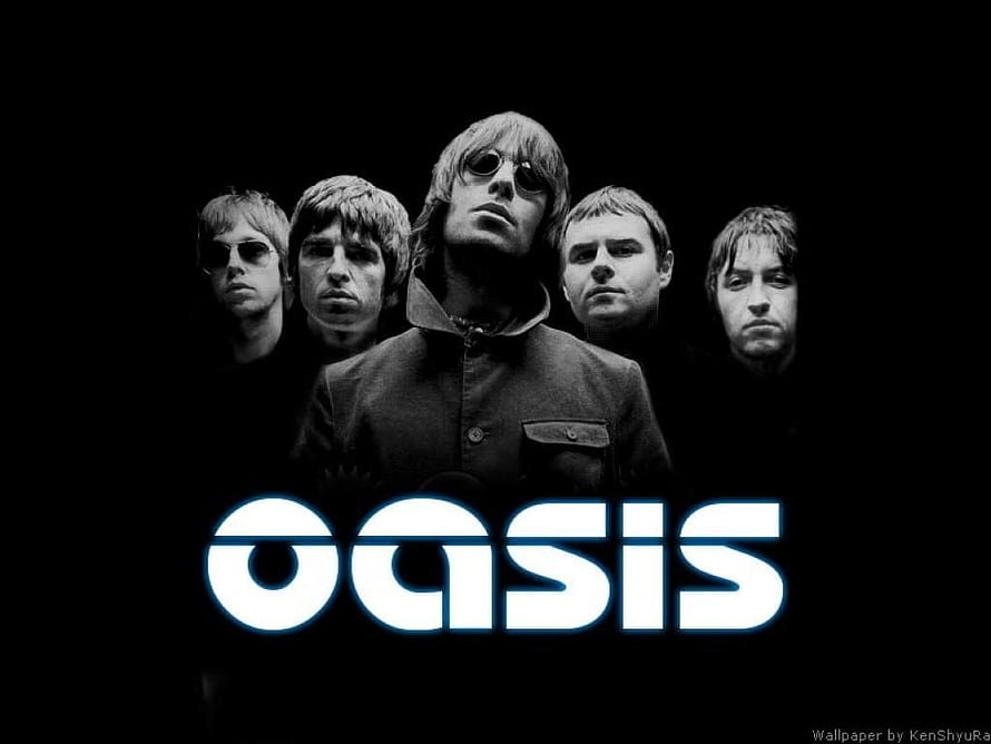Oasis Band Members Black and White Portrait with Glowing Logo HD wallpaper