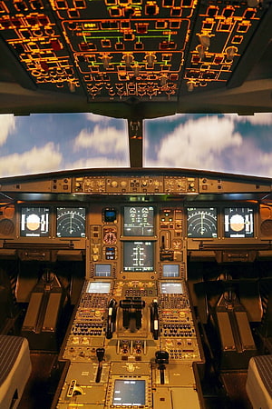 Airbus A320 Cockpit Interior with Digital Flight Instruments and Overhead Panel HD phone wallpaper