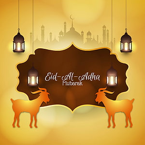 Eid Al Adha Mubarak Greeting Card With Mosque Silhouette, Lanterns, and Goats on Golden Background HD phone wallpaper