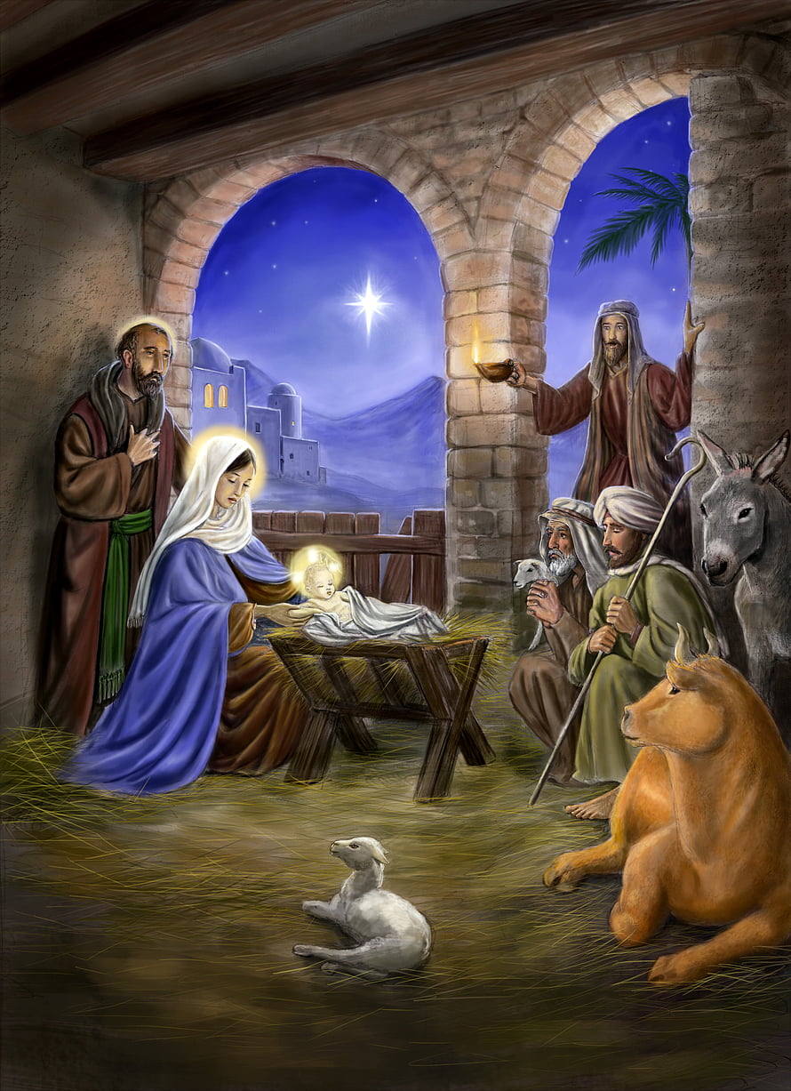 Nativity Scene with Mary, Joseph, and Shepherds Under the Star of Bethlehem HD phone wallpaper