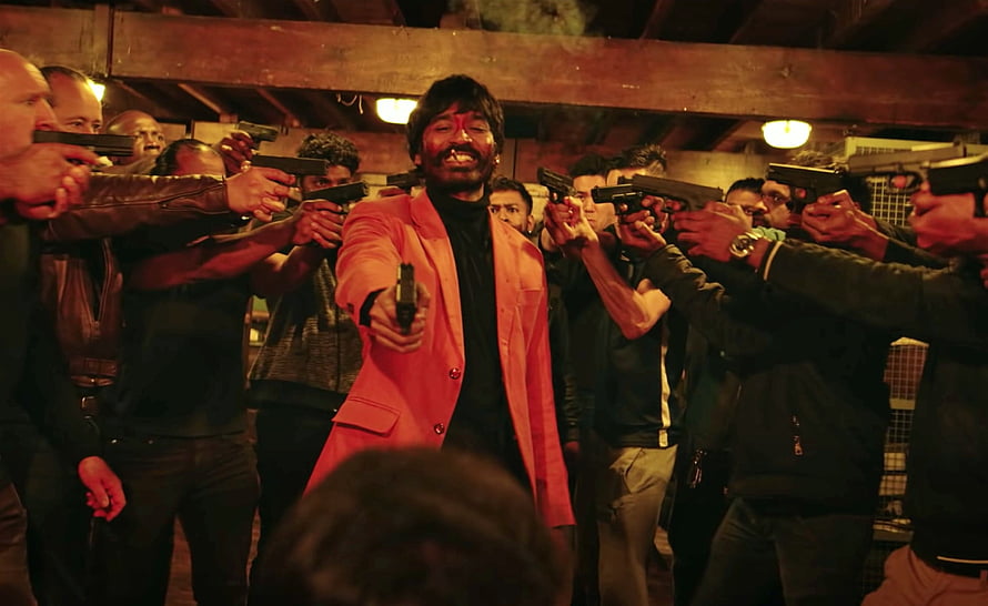 Dhanush in a dramatic standoff scene from the Tamil film Jagame Thanthiram HD wallpaper