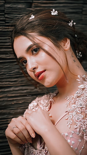 Priyanka Mohan in Elegant Pink Embroidered Gown with Floral Hair Accessories HD phone wallpaper