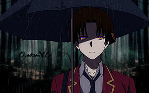 Kiyotaka Ayanokoji Under Umbrella in Rainy Forest Scene HD wallpaper