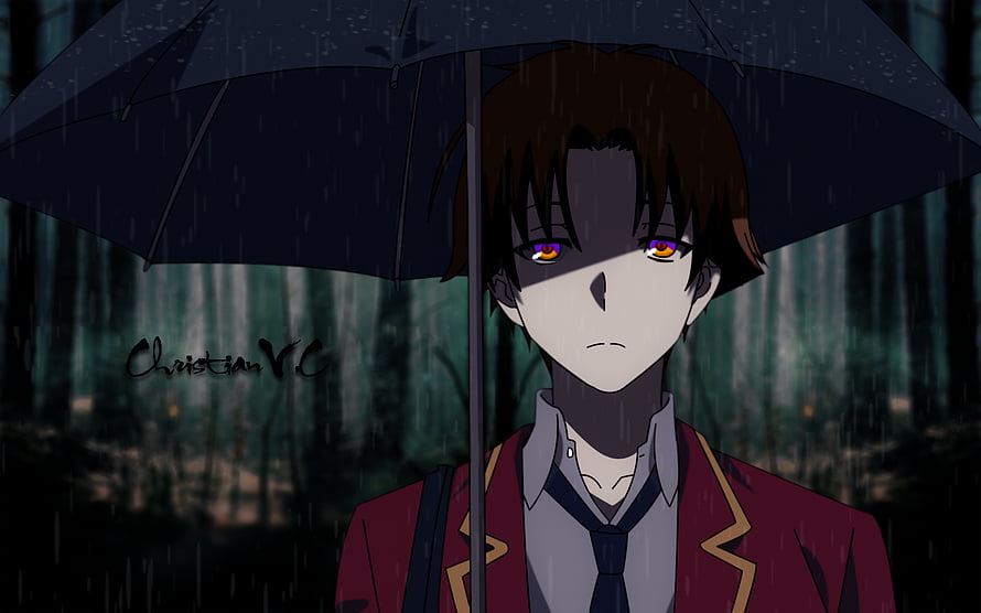 Kiyotaka Ayanokoji Under Umbrella in Rainy Forest Scene HD wallpaper