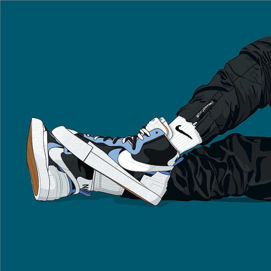 Sacai x Nike Blazer Sneakers Illustration with Black Pants on Teal Background HD phone wallpaper