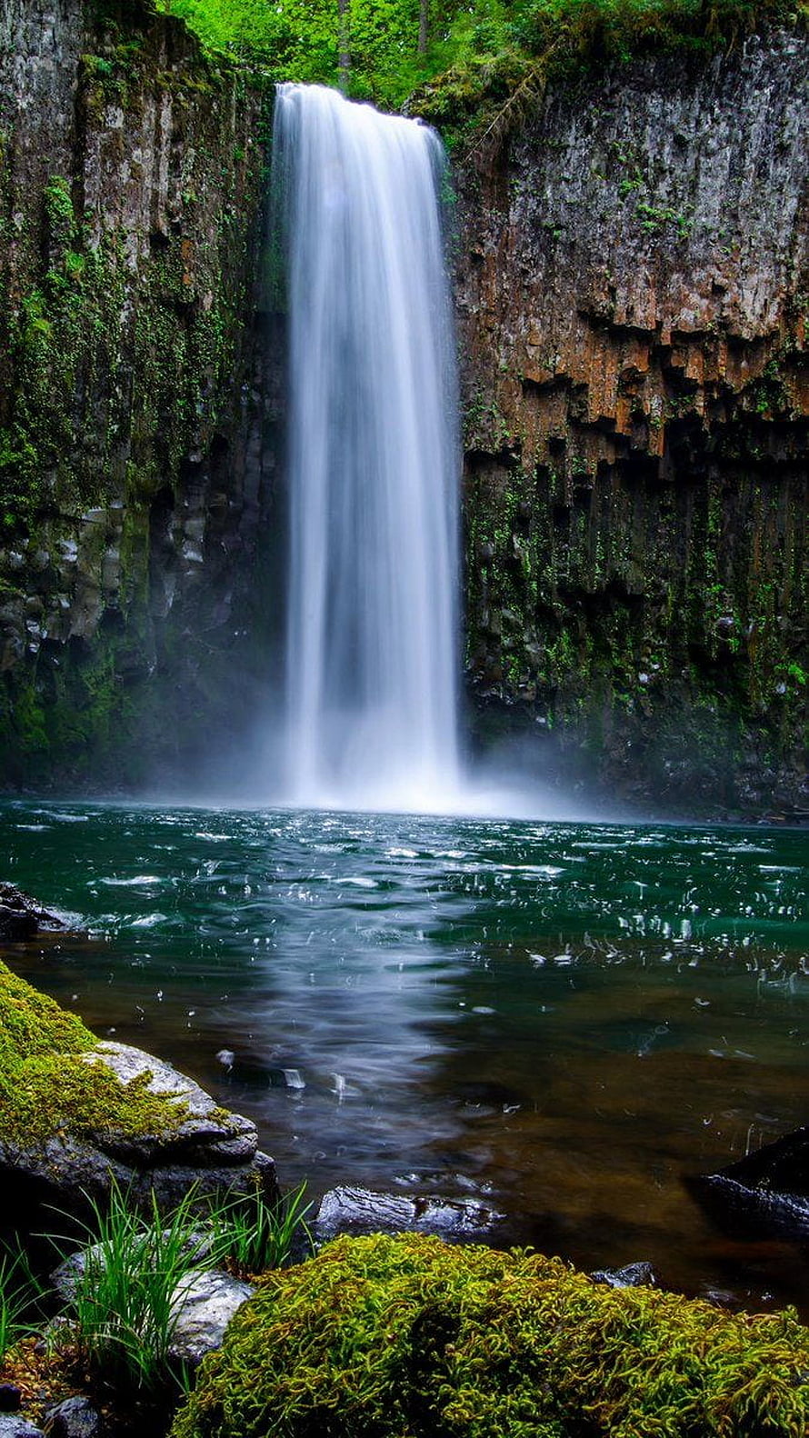 Towering Waterfall Plunging Into a Deep Green Pool Surrounded by Mossy Cliffs HD phone wallpaper