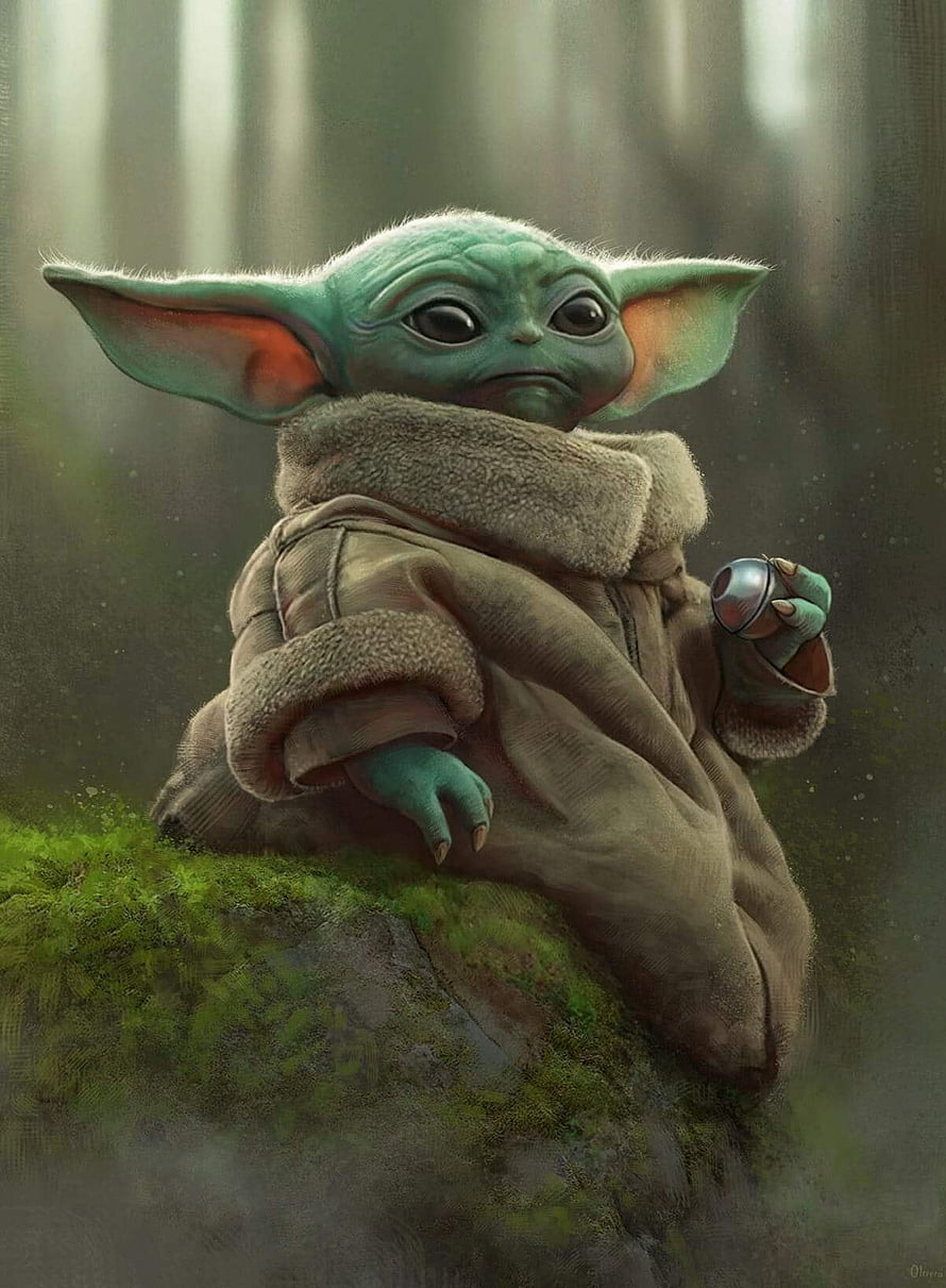 Grogu in a Cozy Robe Sitting on a Mossy Rock in a Misty Forest HD phone wallpaper