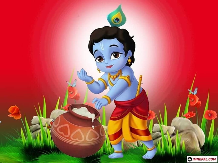 Cute Baby Krishna Stealing Butter from a Pot in a Lush Green Meadow HD wallpaper