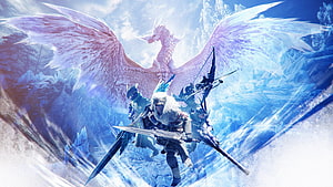 Monster Hunter World Iceborne Hunters Confronting a Massive Winged Dragon in Icy Terrain HD wallpaper