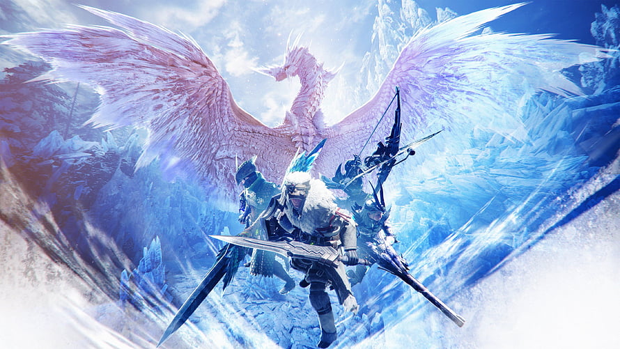 Monster Hunter World Iceborne Hunters Confronting a Massive Winged Dragon in Icy Terrain HD wallpaper